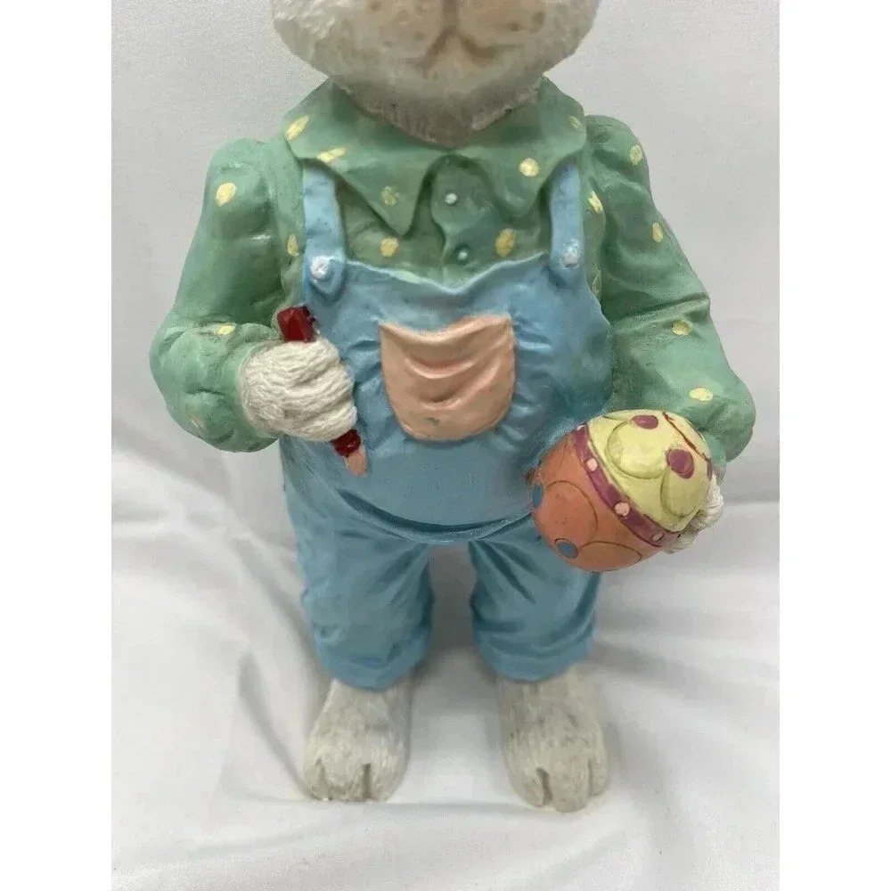 Vintage Bunny Rabbit Figurine Painting Egg Blue Overalls Easter Spring